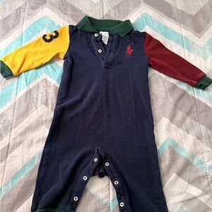 Ralph Lauren Navy Polo Colorblock Footie with Green Collar